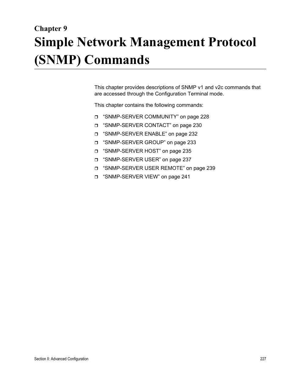 Chapter 9, Simple network management protocol (snmp) commands | Allied Telesis AT-S100 User Manual | Page 227 / 274