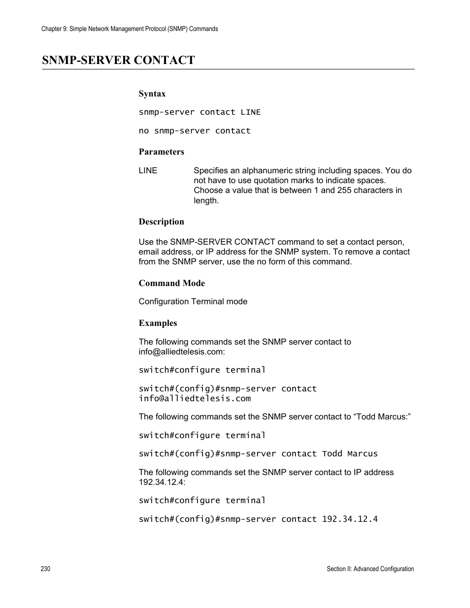 Snmp-server contact | Allied Telesis AT-S100 User Manual | Page 230 / 274