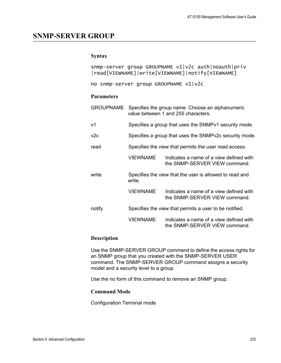 Snmp-server group | Allied Telesis AT-S100 User Manual | Page 233 / 274