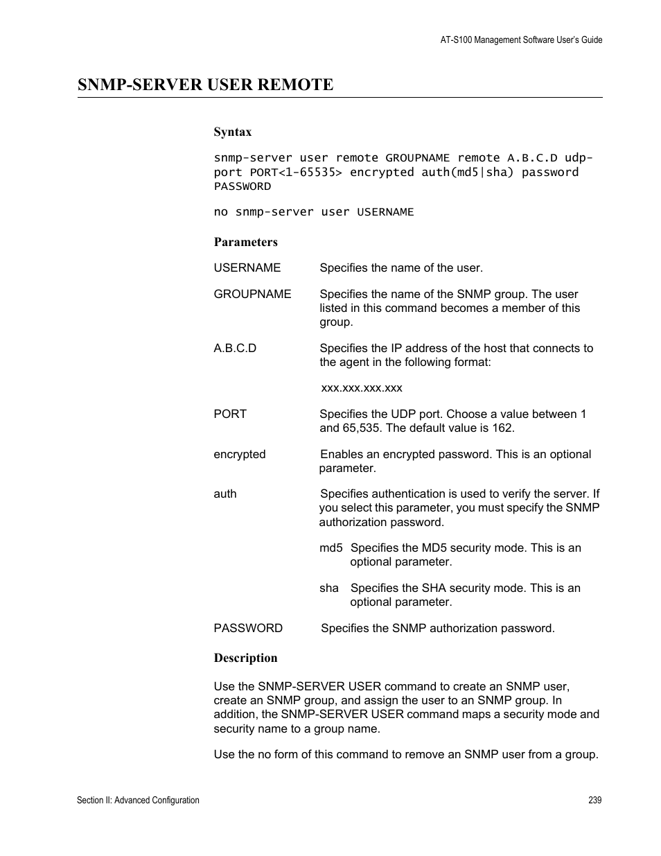 Snmp-server user remote | Allied Telesis AT-S100 User Manual | Page 239 / 274