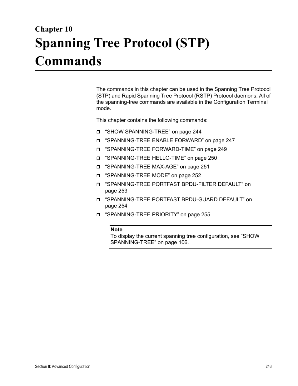 Chapter 10, Spanning tree protocol (stp) commands | Allied Telesis AT-S100 User Manual | Page 243 / 274