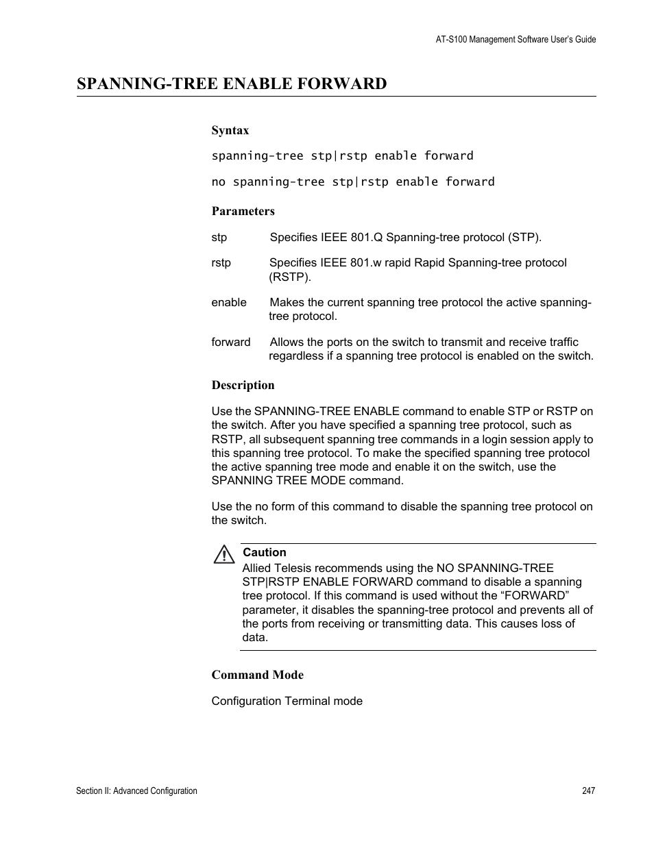 Spanning-tree enable forward | Allied Telesis AT-S100 User Manual | Page 247 / 274