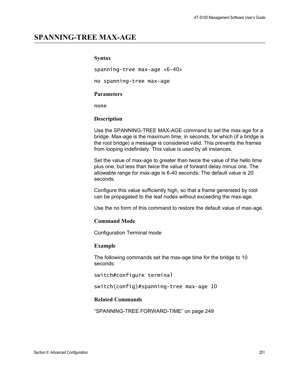 Spanning-tree max-age | Allied Telesis AT-S100 User Manual | Page 251 / 274