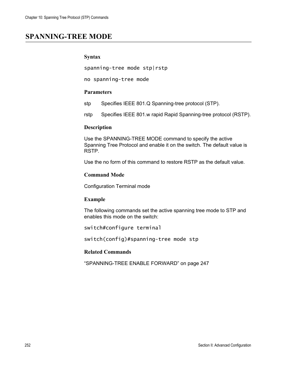 Spanning-tree mode | Allied Telesis AT-S100 User Manual | Page 252 / 274