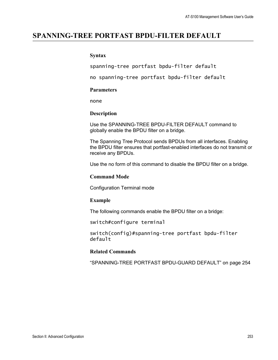 Spanning-tree portfast bpdu-filter default | Allied Telesis AT-S100 User Manual | Page 253 / 274