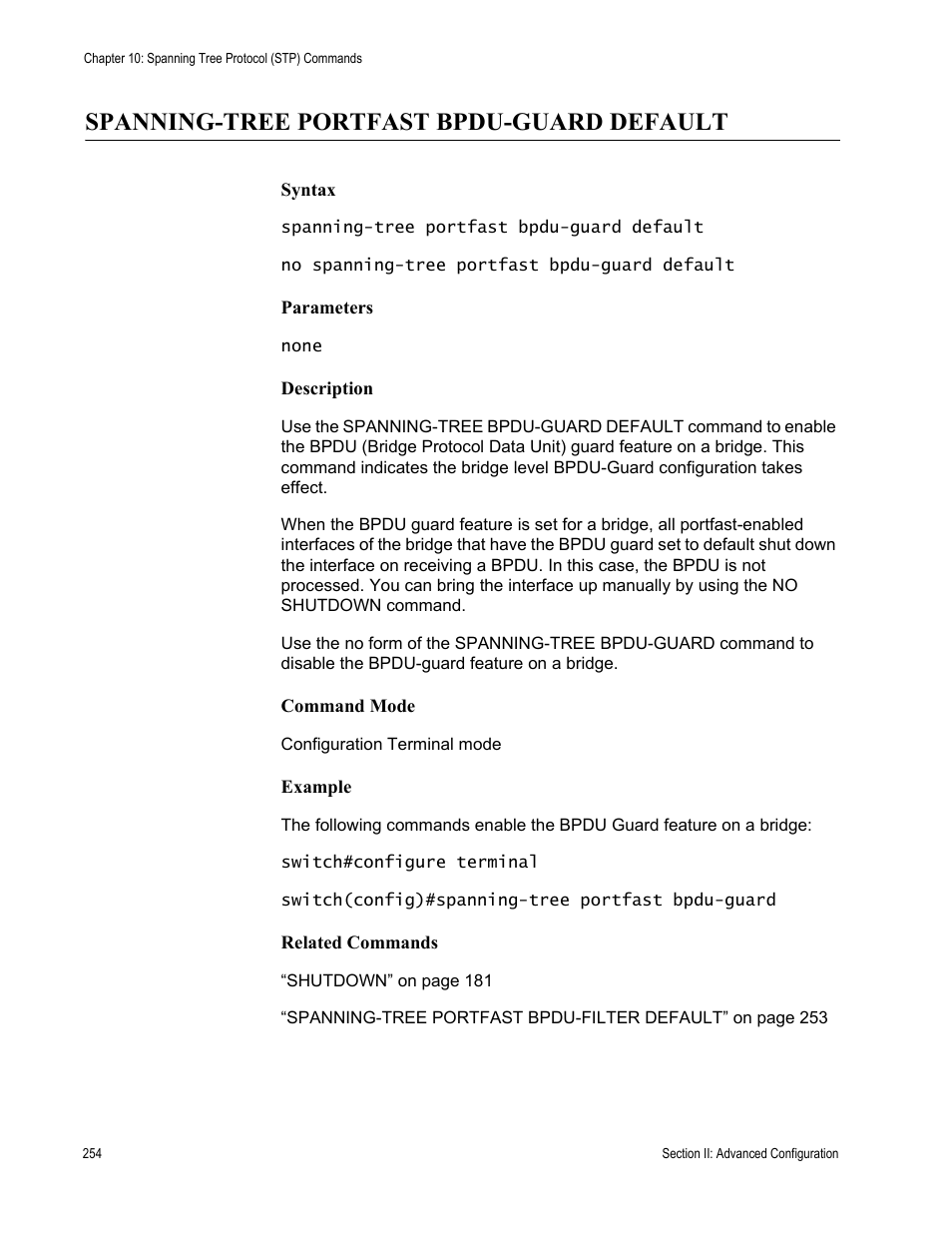 Spanning-tree portfast bpdu-guard default | Allied Telesis AT-S100 User Manual | Page 254 / 274