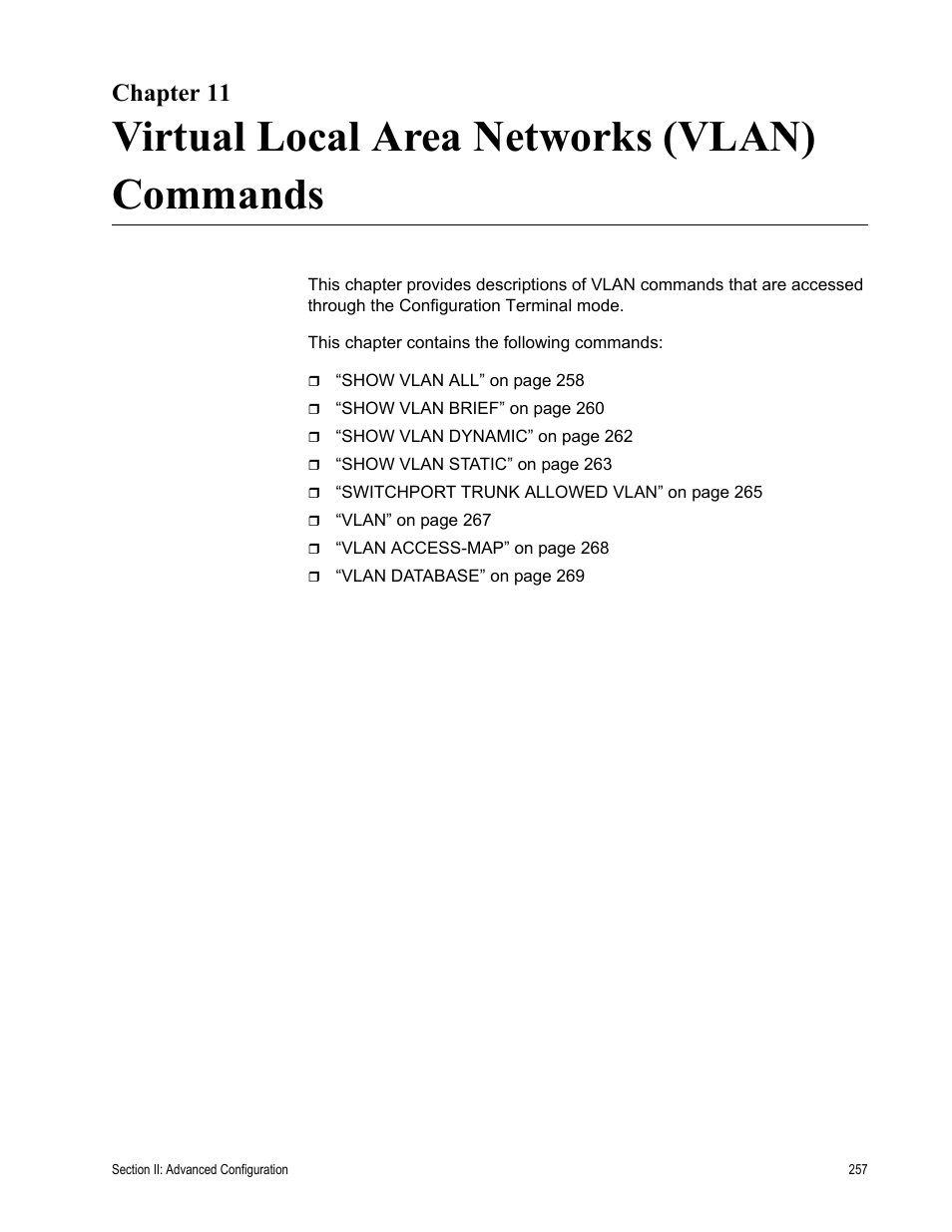 Chapter 11, Virtual local area networks (vlan) commands | Allied Telesis AT-S100 User Manual | Page 257 / 274