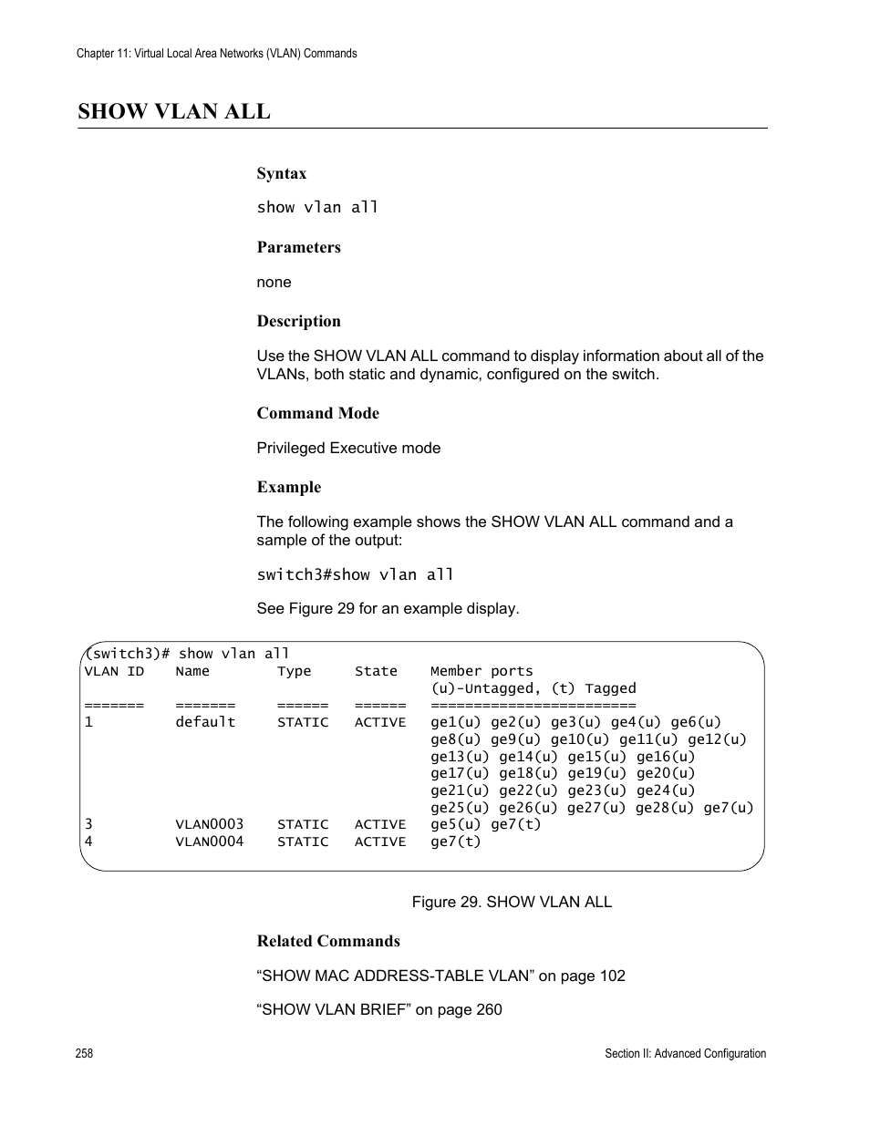 Show vlan all, Figure 29: show vlan all | Allied Telesis AT-S100 User Manual | Page 258 / 274