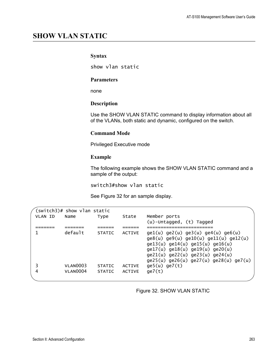 Show vlan static | Allied Telesis AT-S100 User Manual | Page 263 / 274