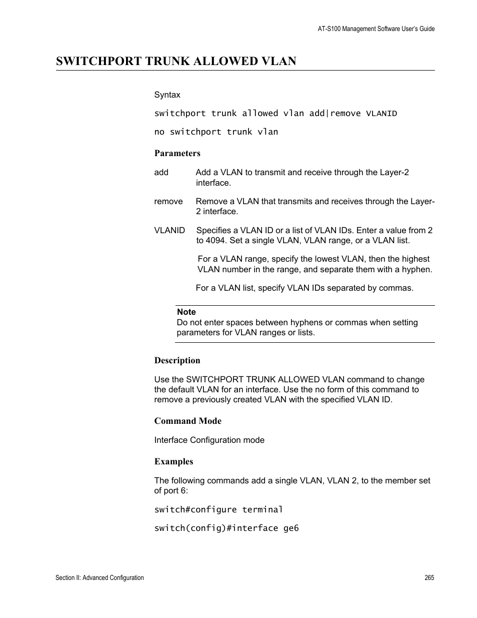 Switchport trunk allowed vlan | Allied Telesis AT-S100 User Manual | Page 265 / 274
