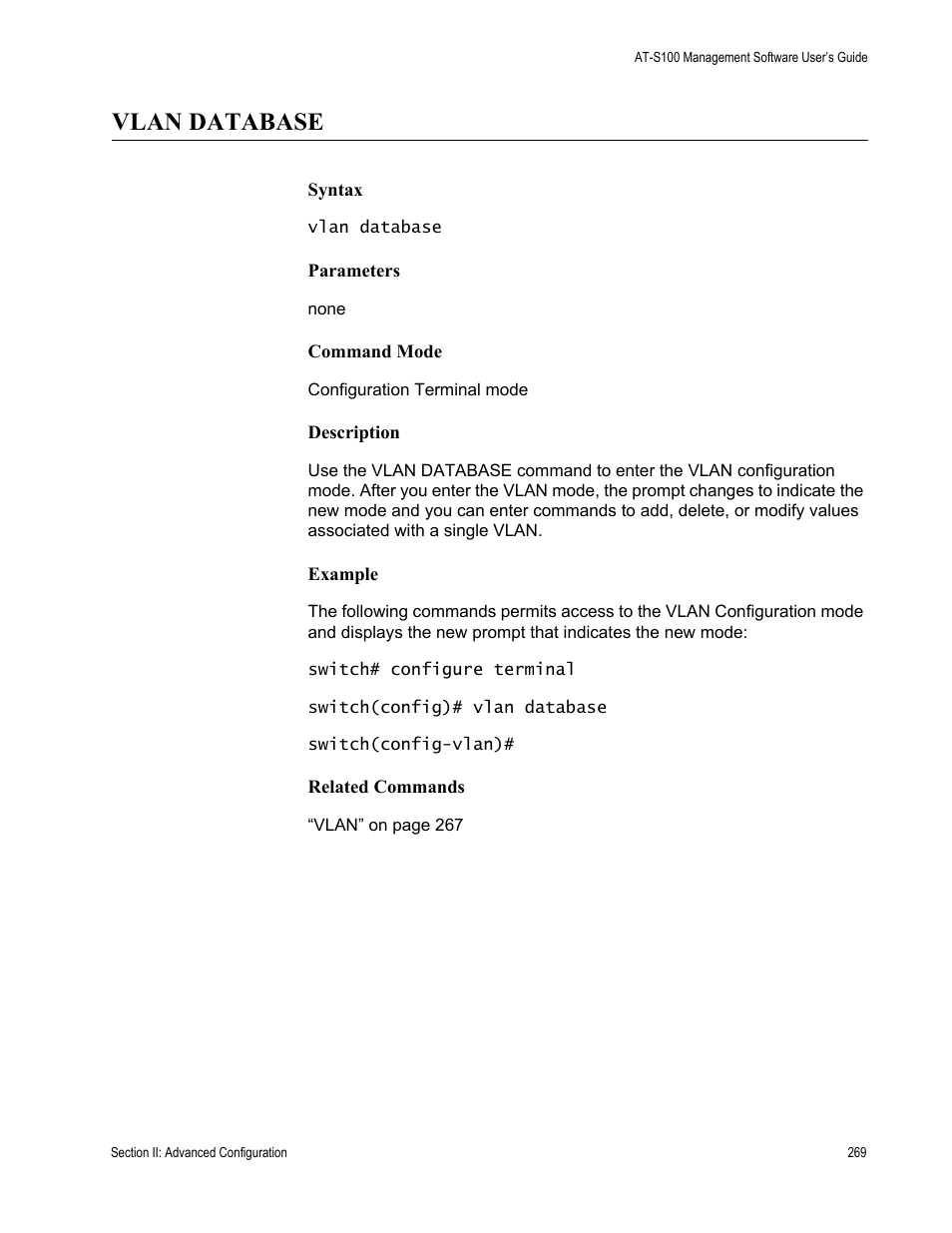 Vlan database | Allied Telesis AT-S100 User Manual | Page 269 / 274