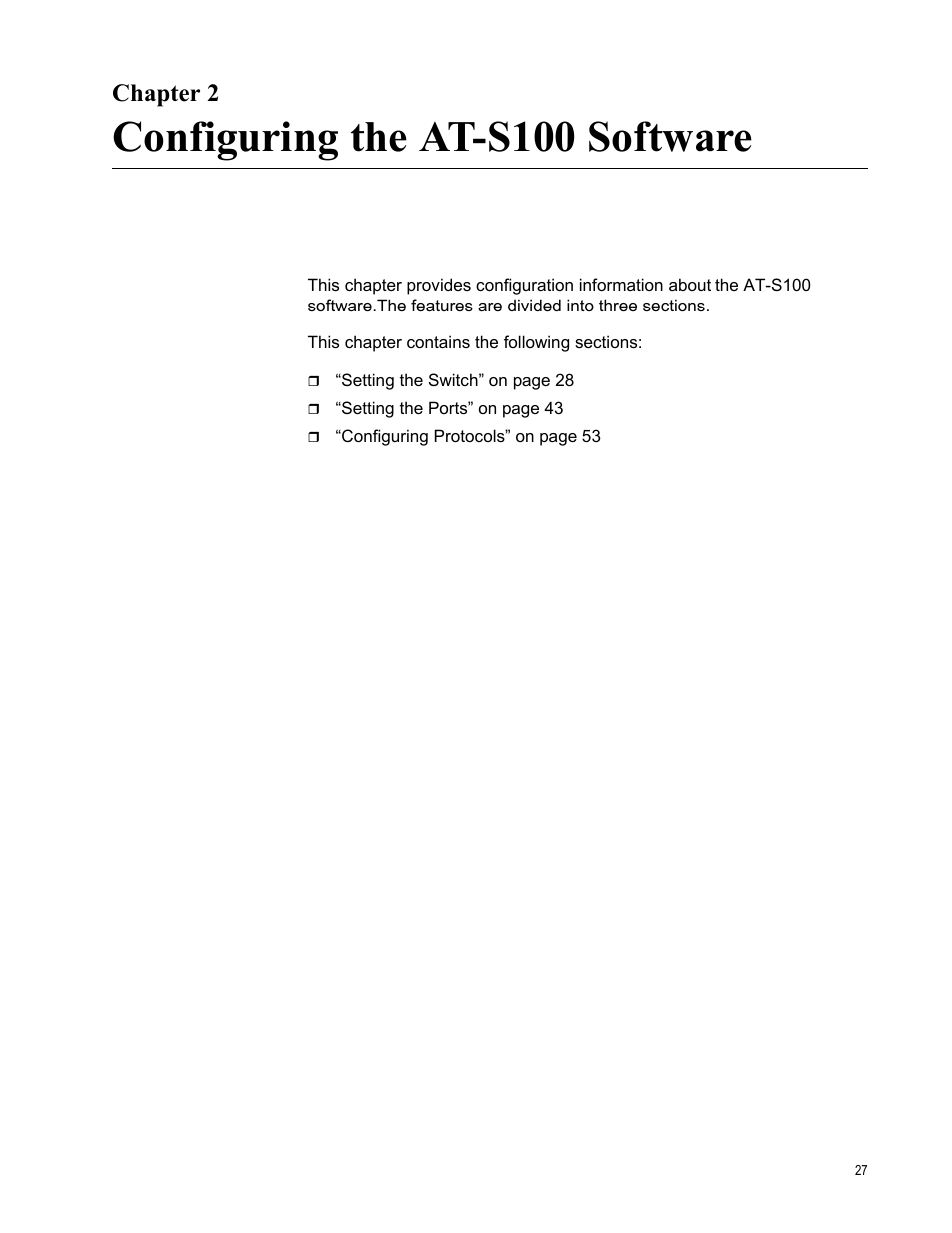 Chapter 2, Configuring the at-s100 software, R 2: configuring the at-s100 software | Allied Telesis AT-S100 User Manual | Page 27 / 274