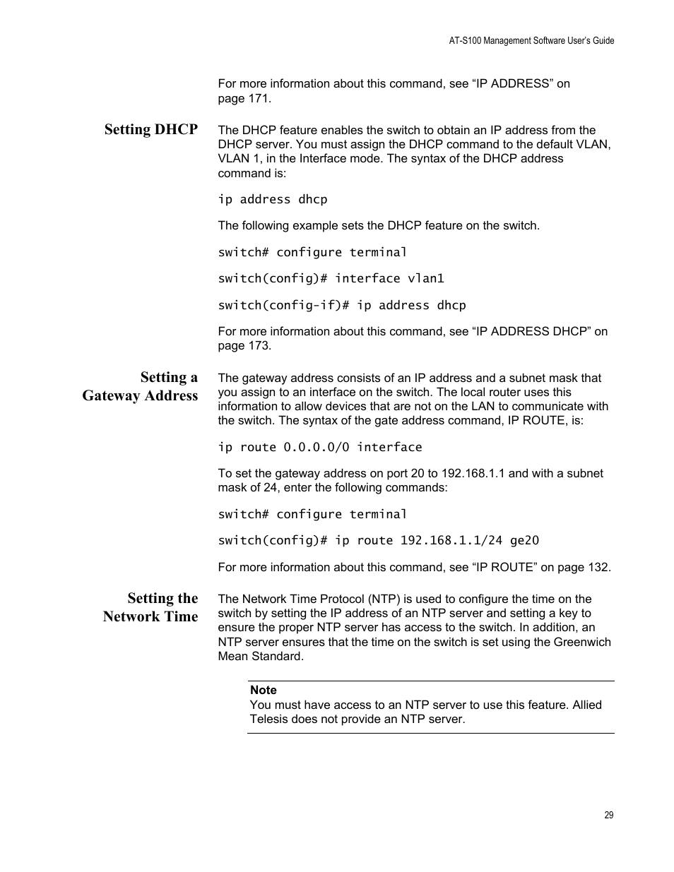 Setting dhcp, Setting a gateway address, Setting the network time | Allied Telesis AT-S100 User Manual | Page 29 / 274