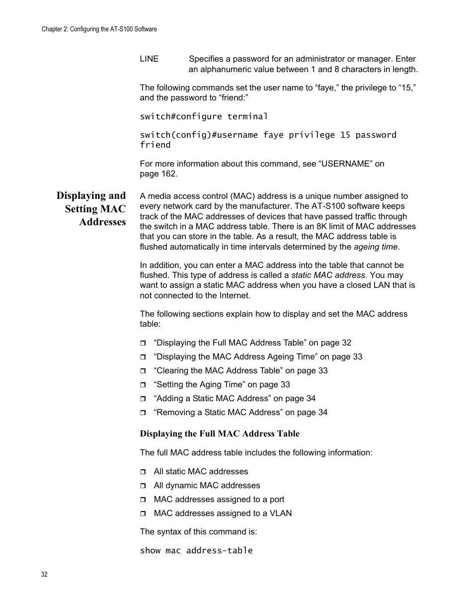 Displaying and setting mac addresses | Allied Telesis AT-S100 User Manual | Page 32 / 274