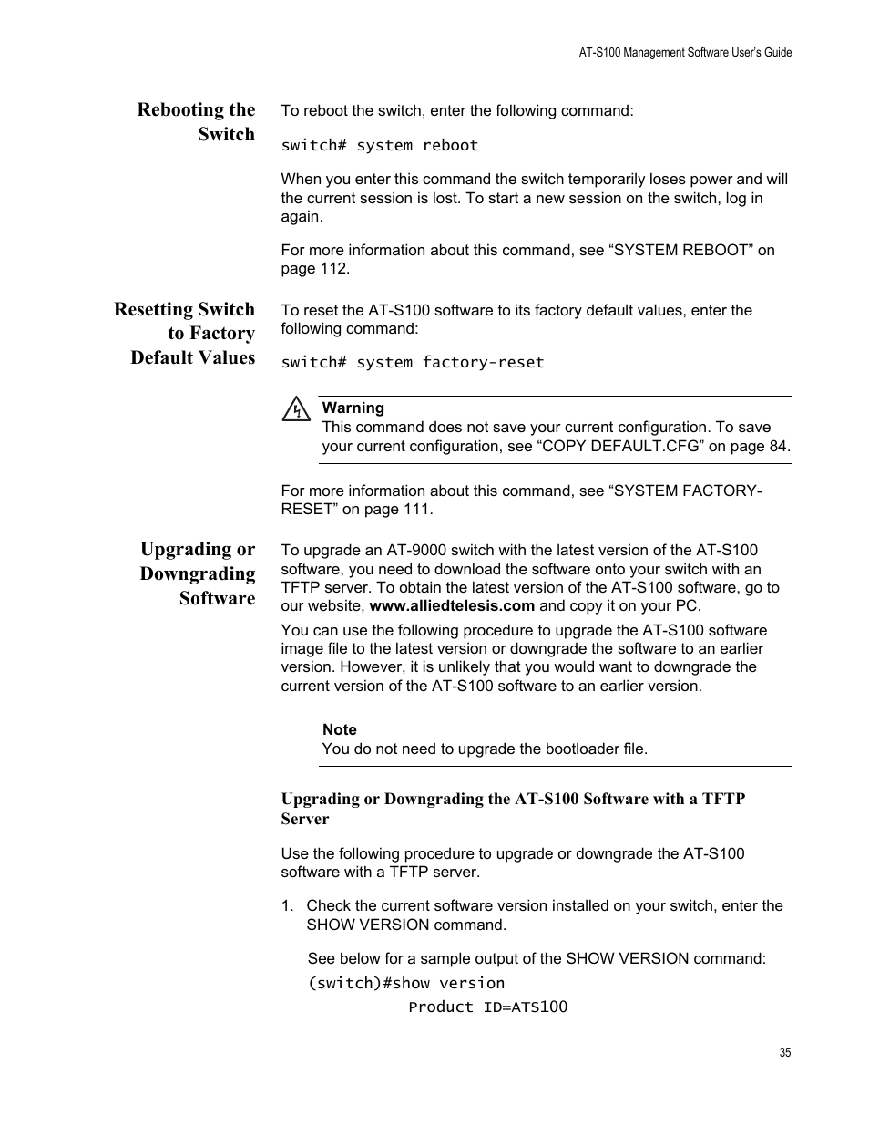 Rebooting the switch, Resetting switch to factory default values, Upgrading or downgrading software | Allied Telesis AT-S100 User Manual | Page 35 / 274