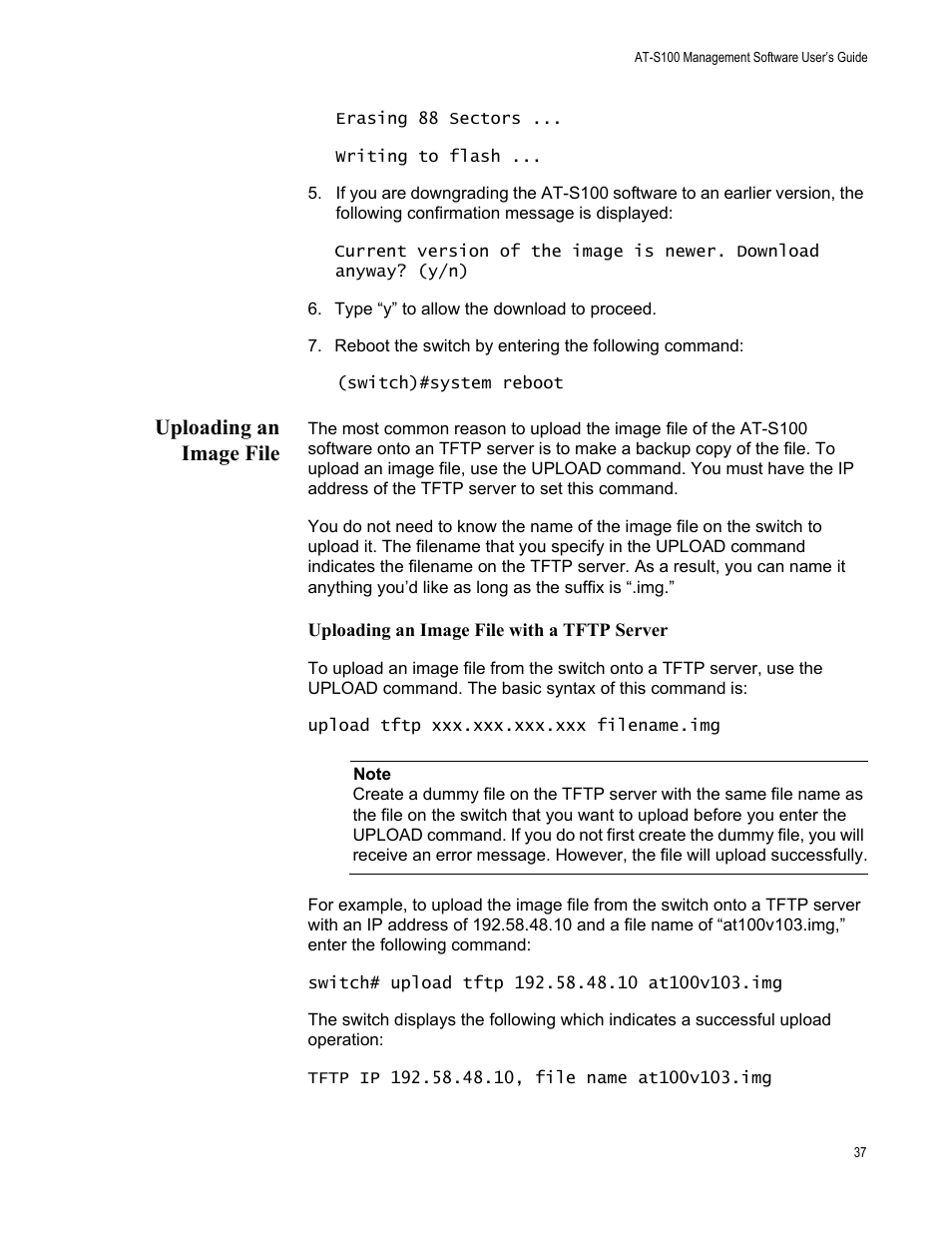 Uploading an image file | Allied Telesis AT-S100 User Manual | Page 37 / 274