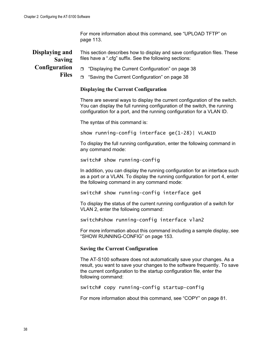 Displaying and saving configuration files | Allied Telesis AT-S100 User Manual | Page 38 / 274