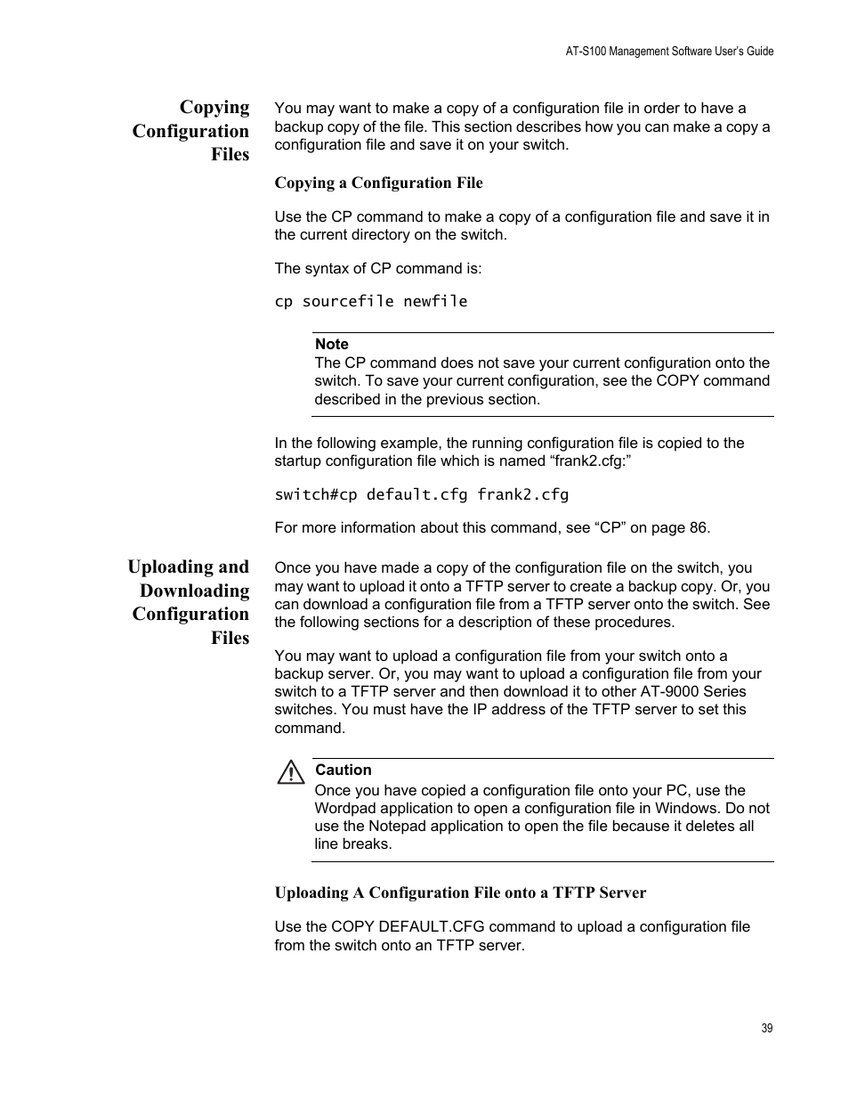 Copying configuration files, Uploading and downloading configuration files | Allied Telesis AT-S100 User Manual | Page 39 / 274