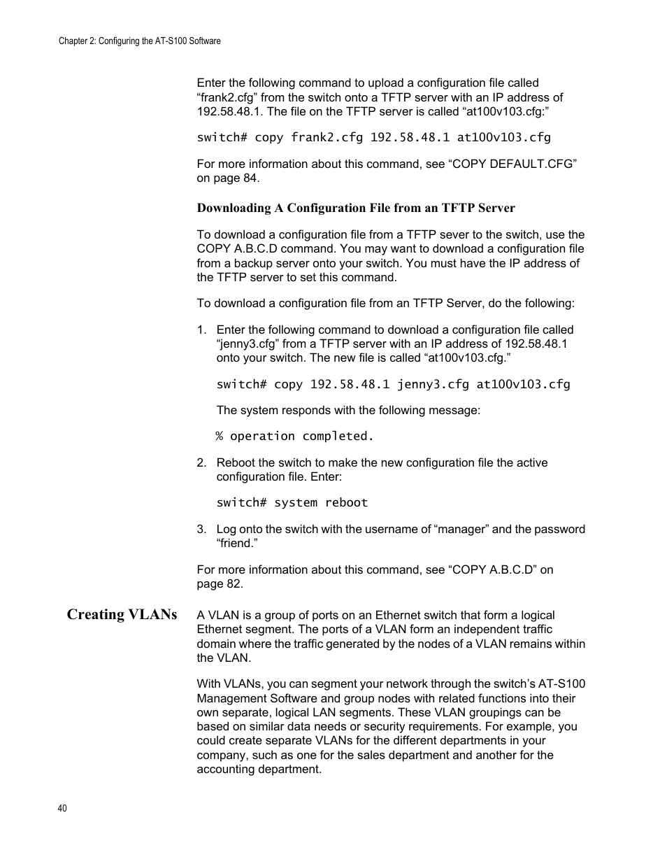 Creating vlans | Allied Telesis AT-S100 User Manual | Page 40 / 274