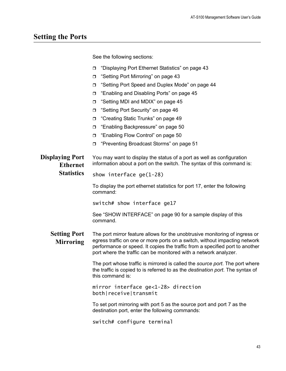 Setting the ports, Displaying port ethernet statistics, Setting port mirroring | Allied Telesis AT-S100 User Manual | Page 43 / 274
