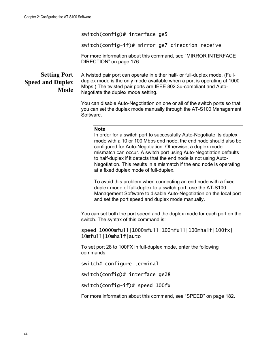 Setting port speed and duplex mode | Allied Telesis AT-S100 User Manual | Page 44 / 274