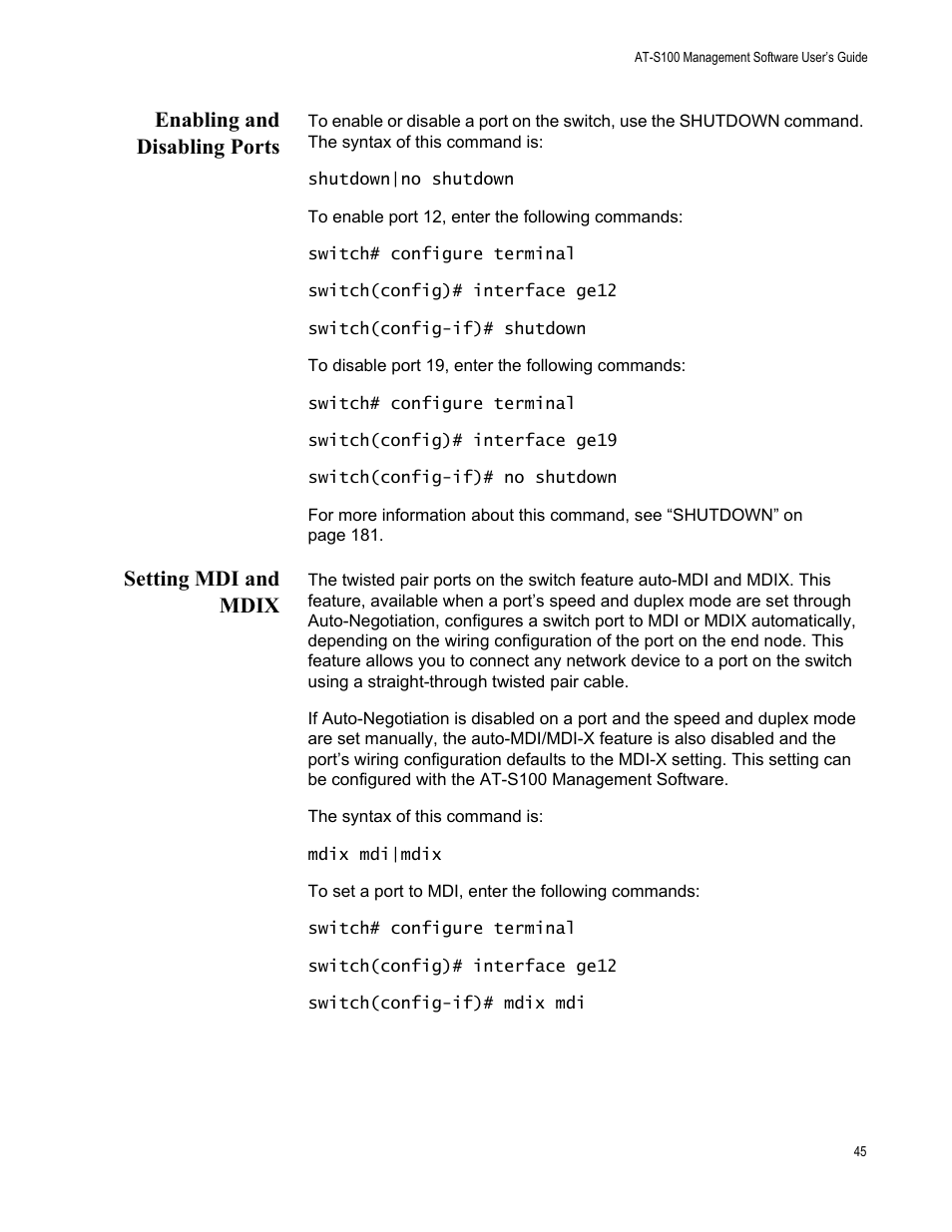 Enabling and disabling ports, Setting mdi and mdix, Enabling and disabling ports setting mdi and mdix | Allied Telesis AT-S100 User Manual | Page 45 / 274