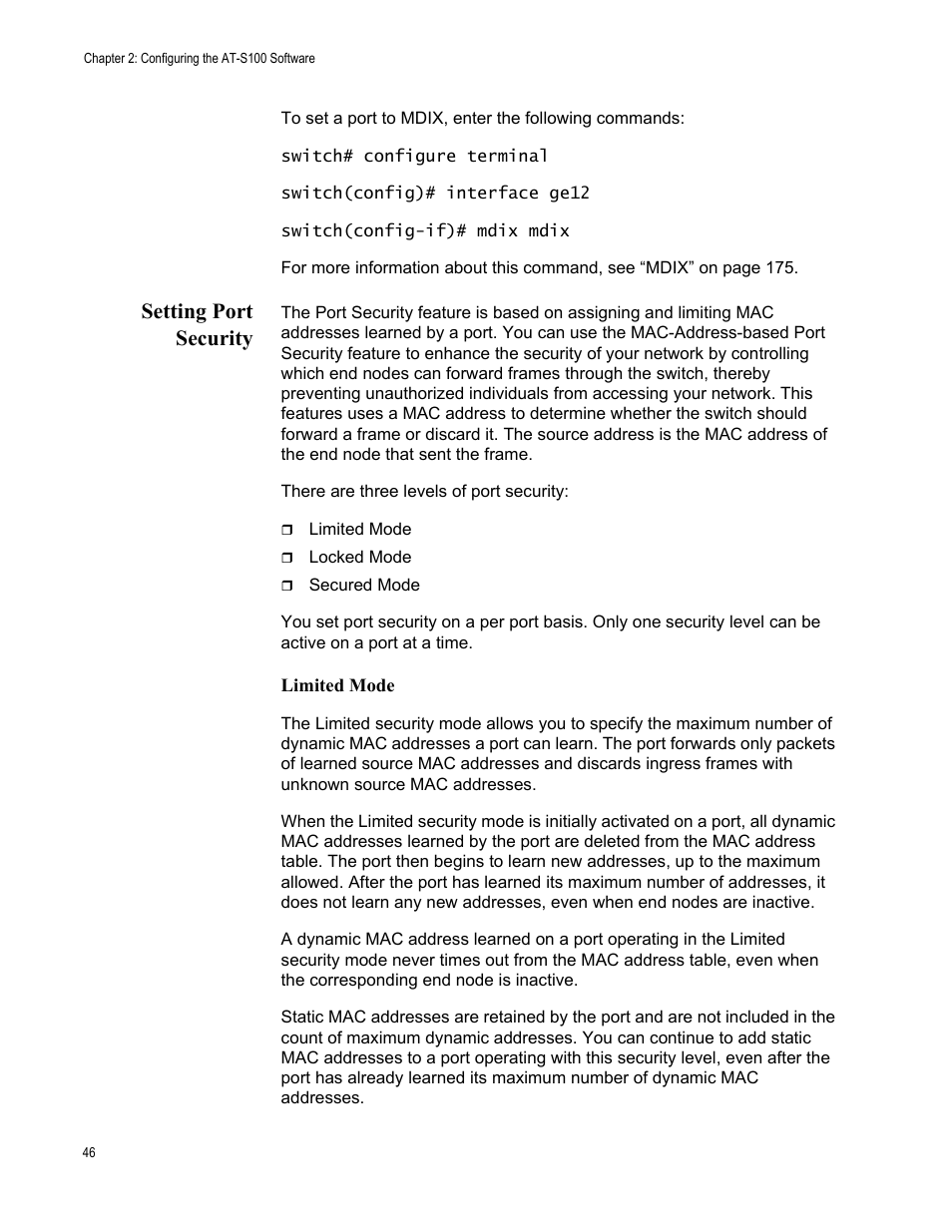 Setting port security | Allied Telesis AT-S100 User Manual | Page 46 / 274