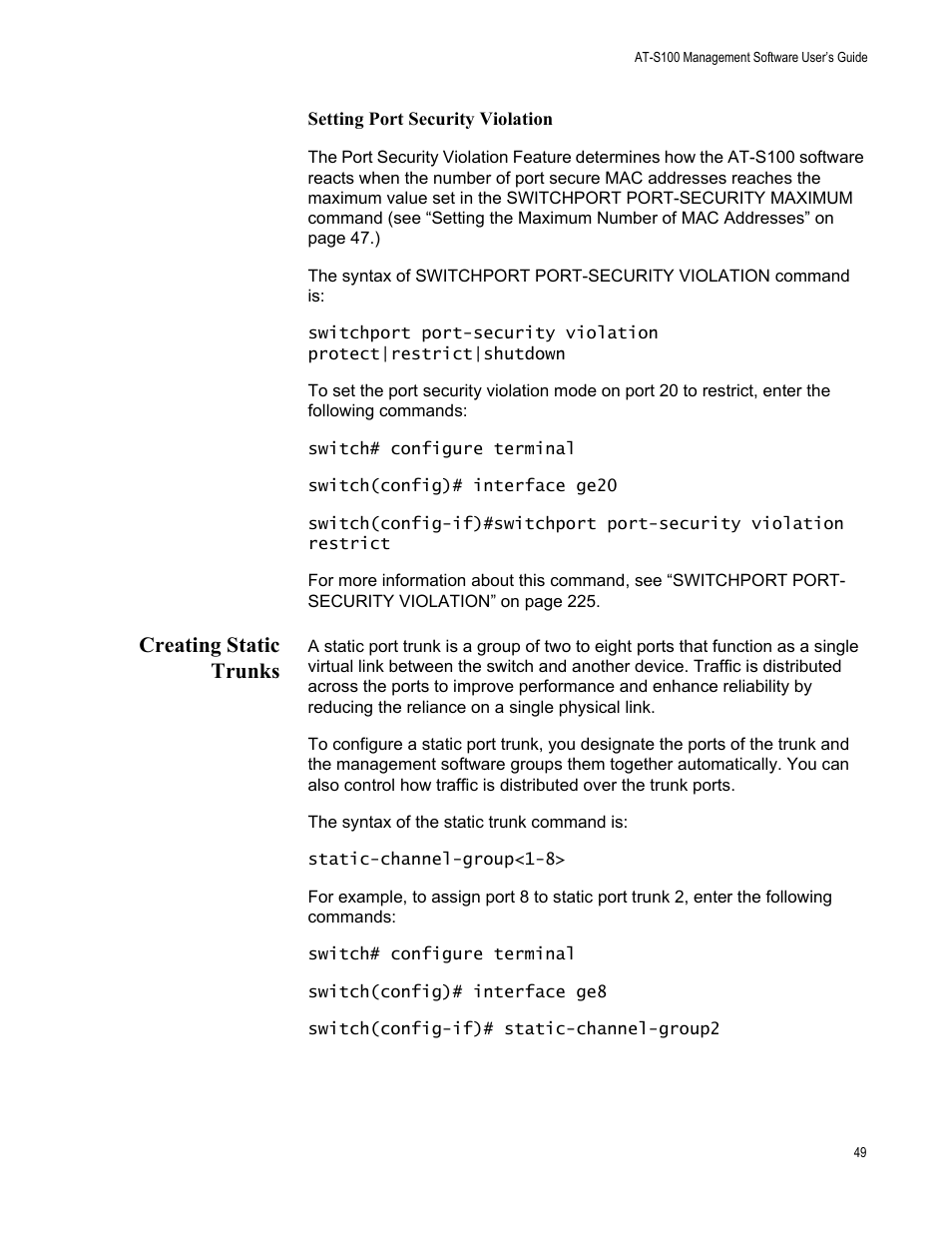 Creating static trunks | Allied Telesis AT-S100 User Manual | Page 49 / 274