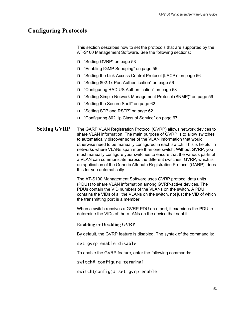 Configuring protocols, Setting gvrp | Allied Telesis AT-S100 User Manual | Page 53 / 274