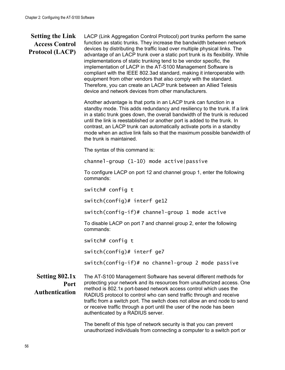 Setting the link access control protocol (lacp), Setting 802.1x port authentication | Allied Telesis AT-S100 User Manual | Page 56 / 274