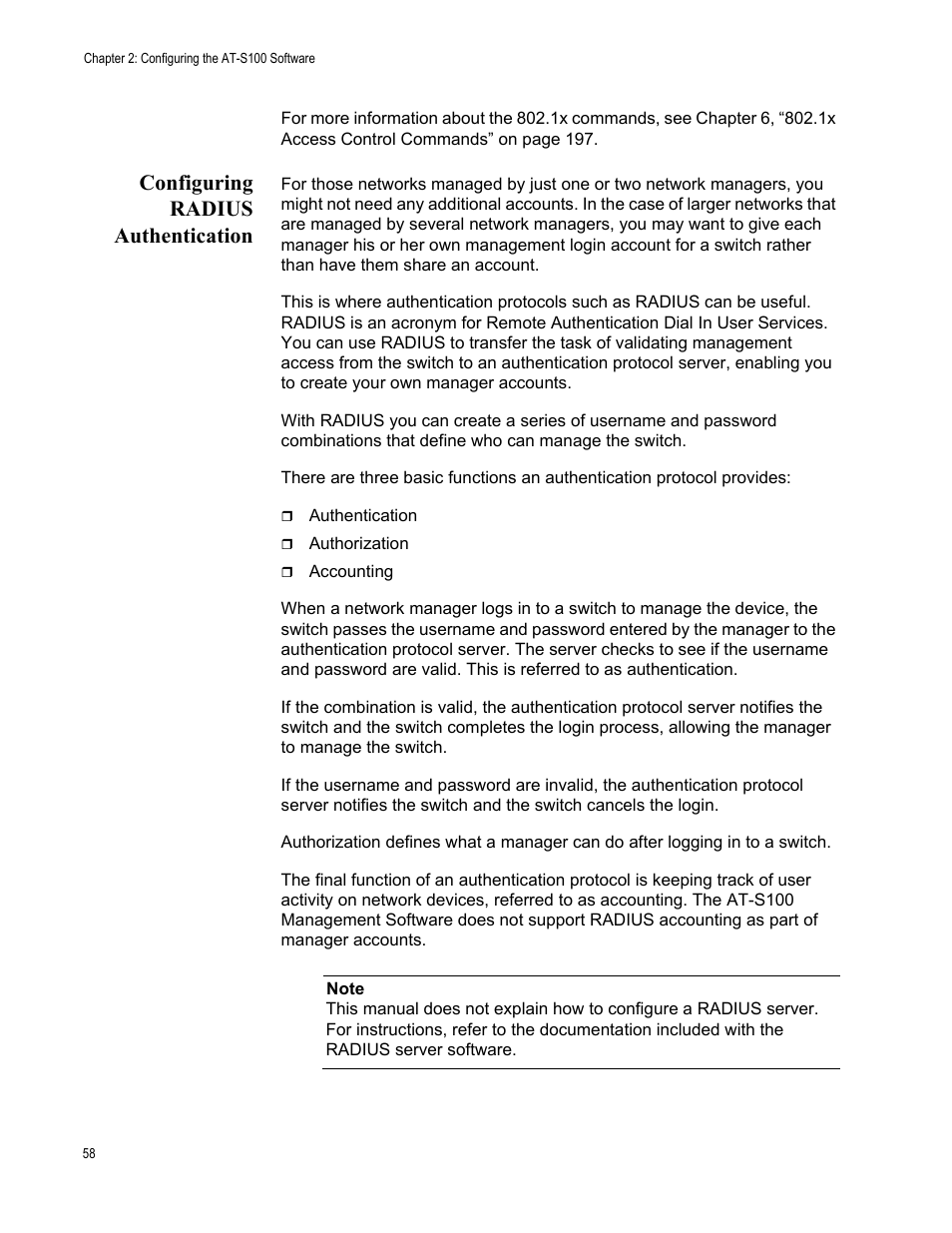 Configuring radius authentication | Allied Telesis AT-S100 User Manual | Page 58 / 274