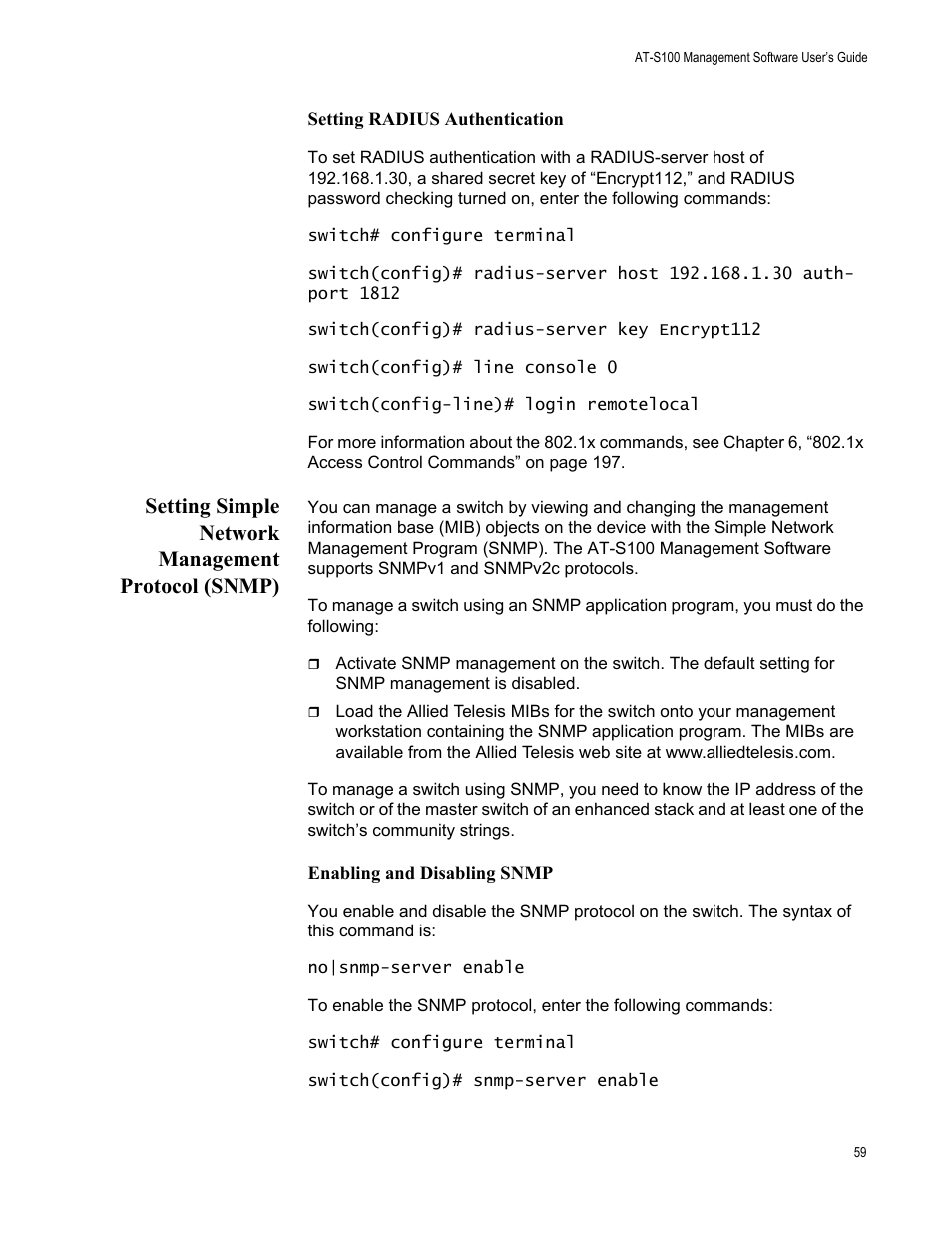 Setting simple network management protocol (snmp) | Allied Telesis AT-S100 User Manual | Page 59 / 274