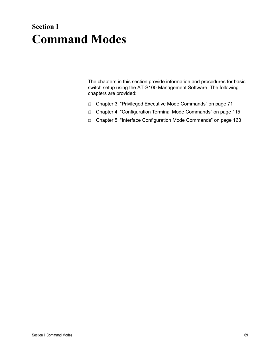 Section i, Command modes, Section i: command modes | Allied Telesis AT-S100 User Manual | Page 69 / 274