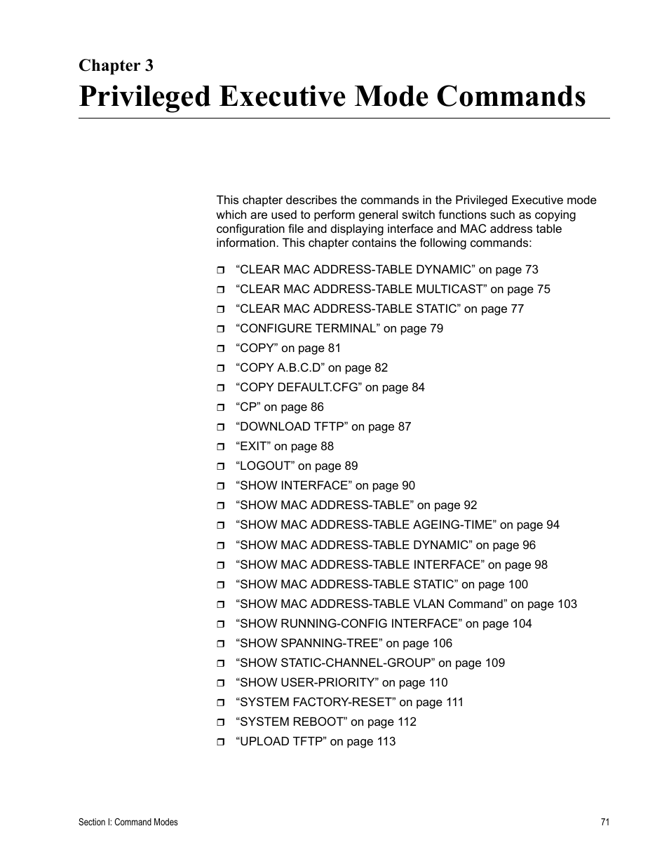 Chapter 3, Privileged executive mode commands, R 3: privileged executive mode commands | Allied Telesis AT-S100 User Manual | Page 71 / 274