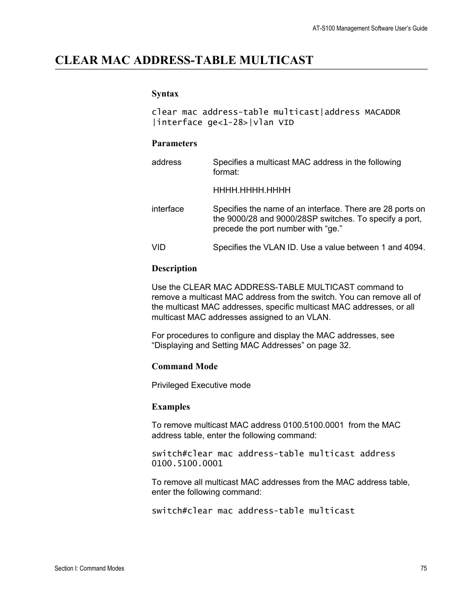 Clear mac address-table multicast | Allied Telesis AT-S100 User Manual | Page 75 / 274