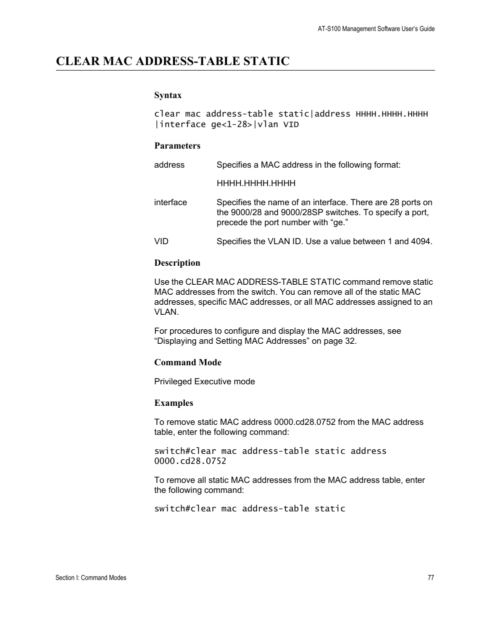 Clear mac address-table static | Allied Telesis AT-S100 User Manual | Page 77 / 274
