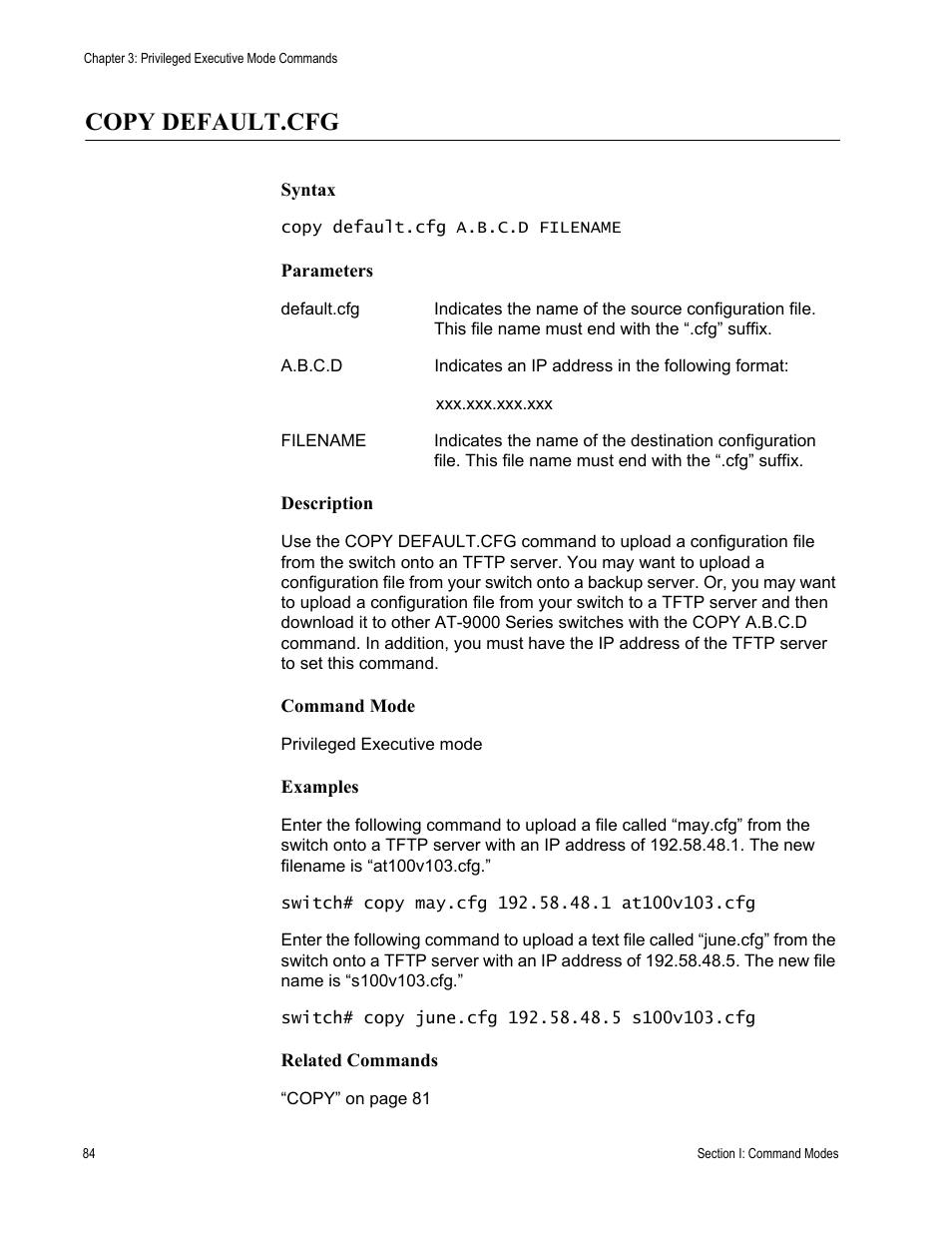 Copy default.cfg | Allied Telesis AT-S100 User Manual | Page 84 / 274