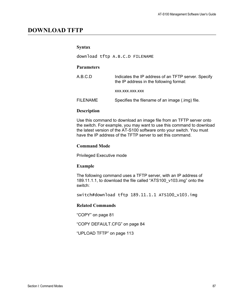 Download tftp | Allied Telesis AT-S100 User Manual | Page 87 / 274