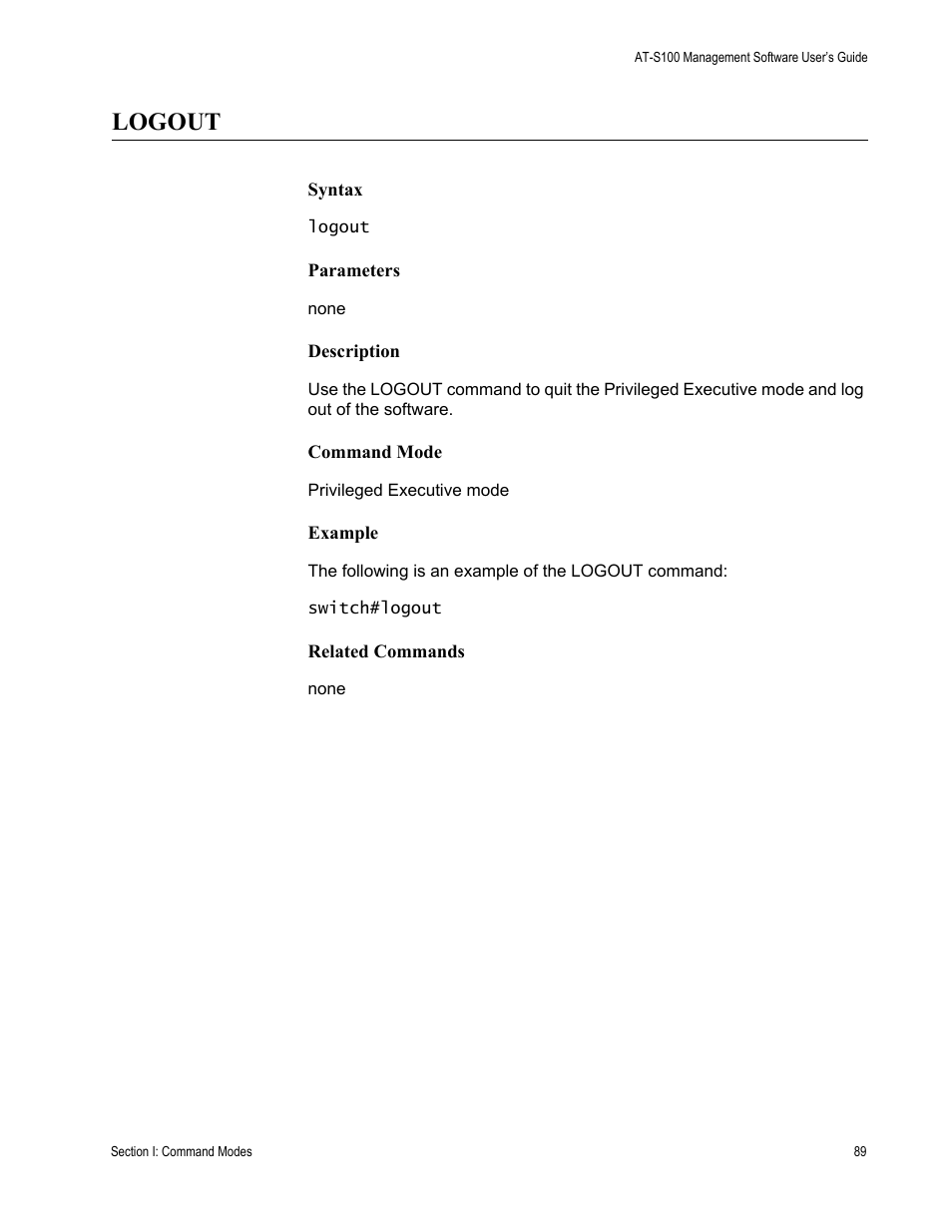 Logout | Allied Telesis AT-S100 User Manual | Page 89 / 274