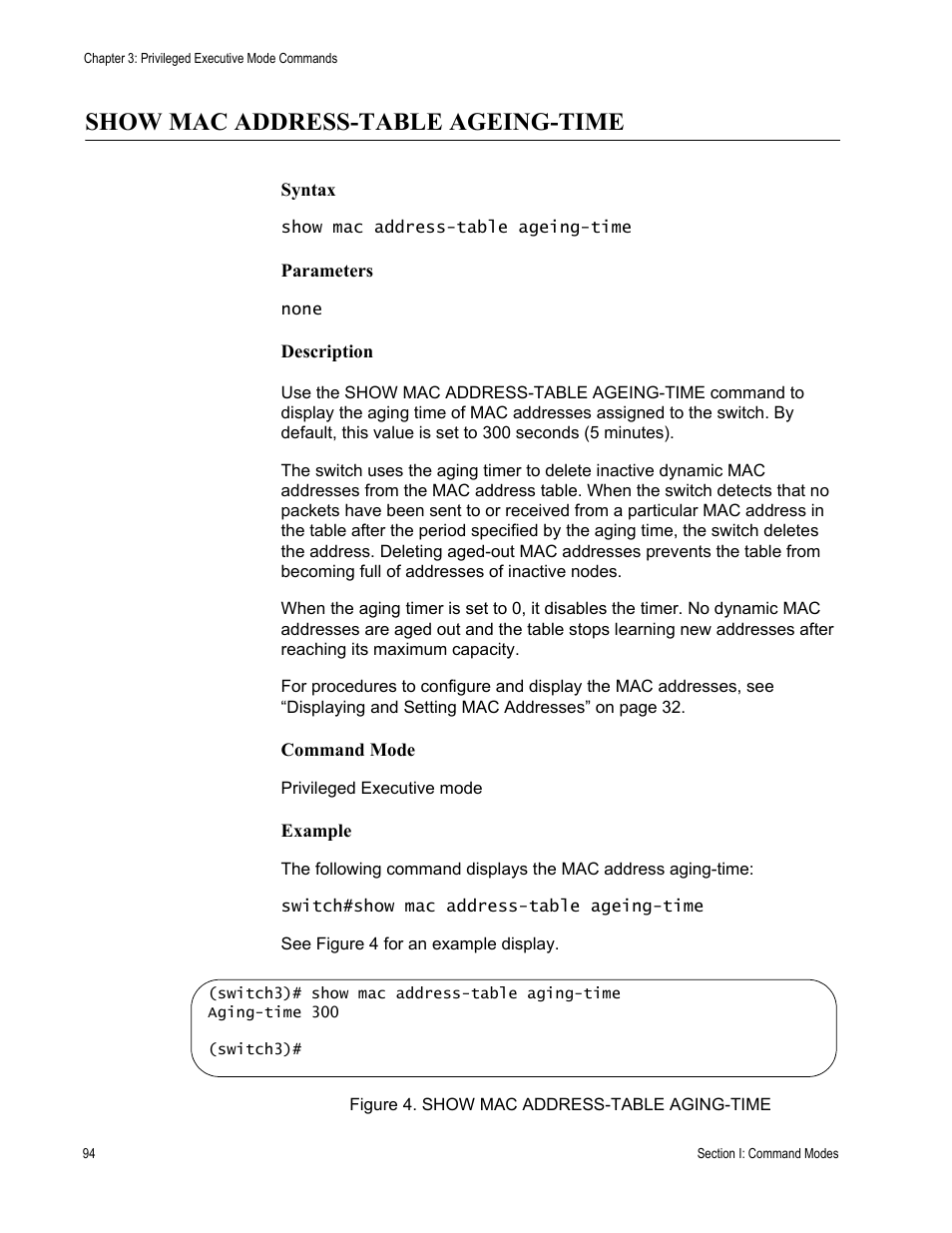 Show mac address-table ageing-time, Figure 4: show mac address-table aging-time | Allied Telesis AT-S100 User Manual | Page 94 / 274