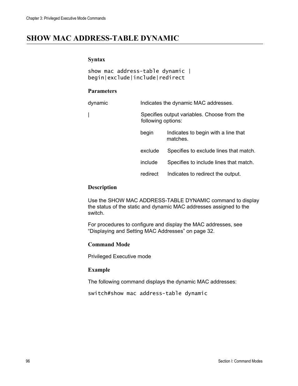 Show mac address-table dynamic | Allied Telesis AT-S100 User Manual | Page 96 / 274