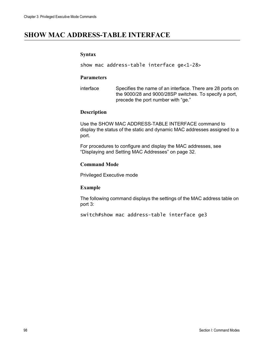 Show mac address-table interface | Allied Telesis AT-S100 User Manual | Page 98 / 274