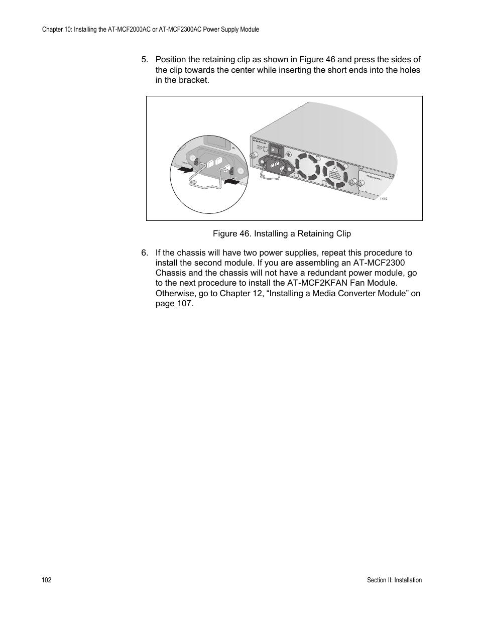 Figure 46: installing a retaining clip | Allied Telesis AT-MCF2300 User Manual | Page 102 / 190