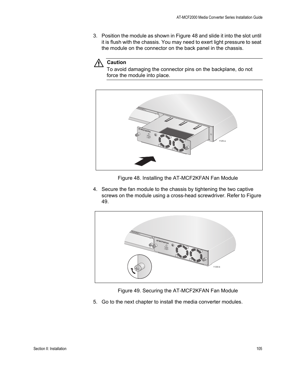 Figure 48: installing the at-mcf2kfan fan module, Securing the at-mcf2kfan fan module | Allied Telesis AT-MCF2300 User Manual | Page 105 / 190