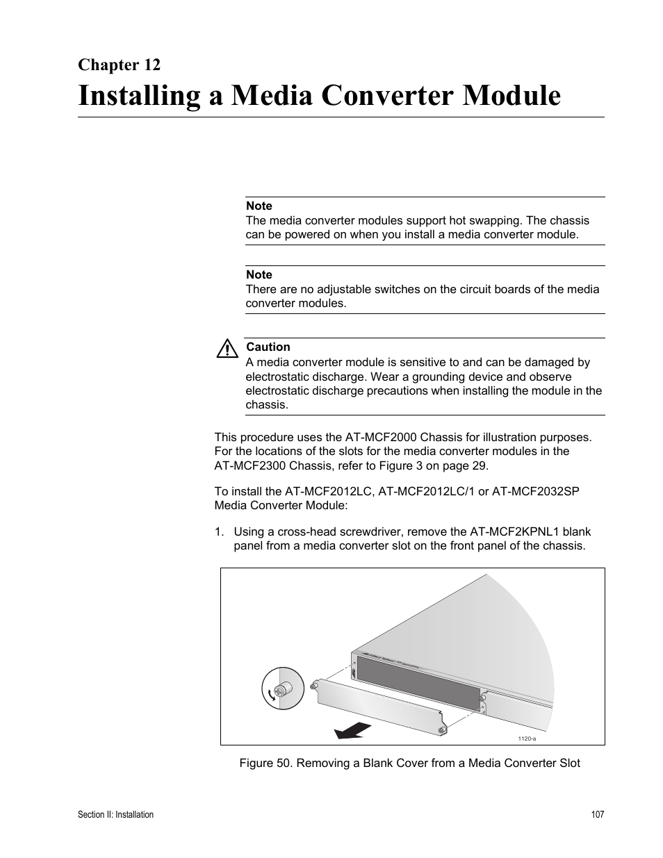 Chapter 12, Installing a media converter module | Allied Telesis AT-MCF2300 User Manual | Page 107 / 190