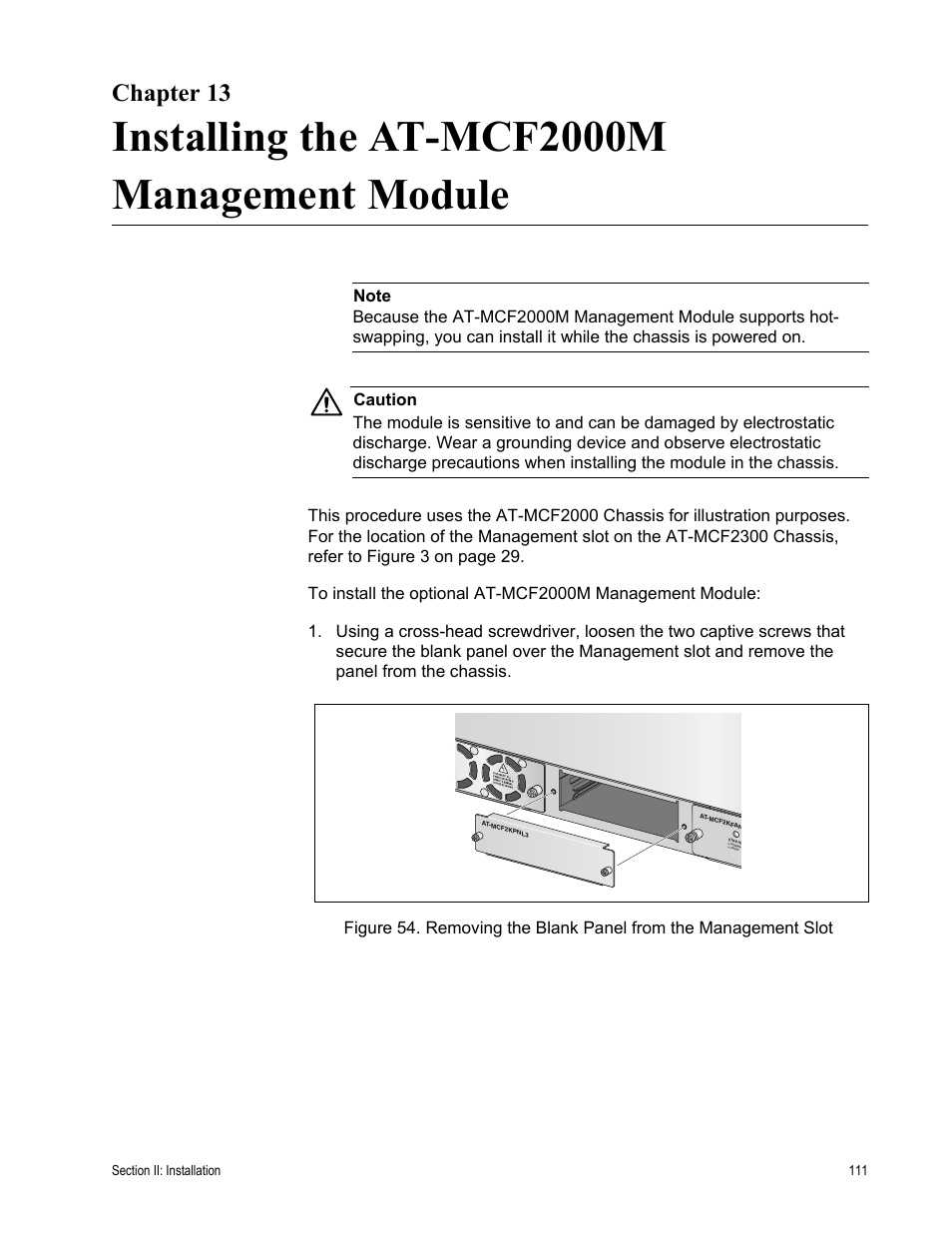 Chapter 13, Installing the at-mcf2000m management module | Allied Telesis AT-MCF2300 User Manual | Page 111 / 190