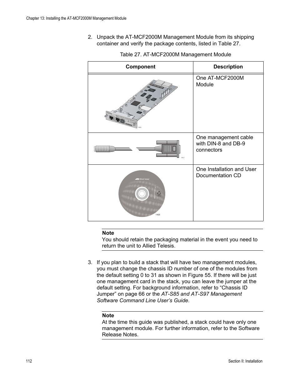 Table 27: at-mcf2000m management module | Allied Telesis AT-MCF2300 User Manual | Page 112 / 190