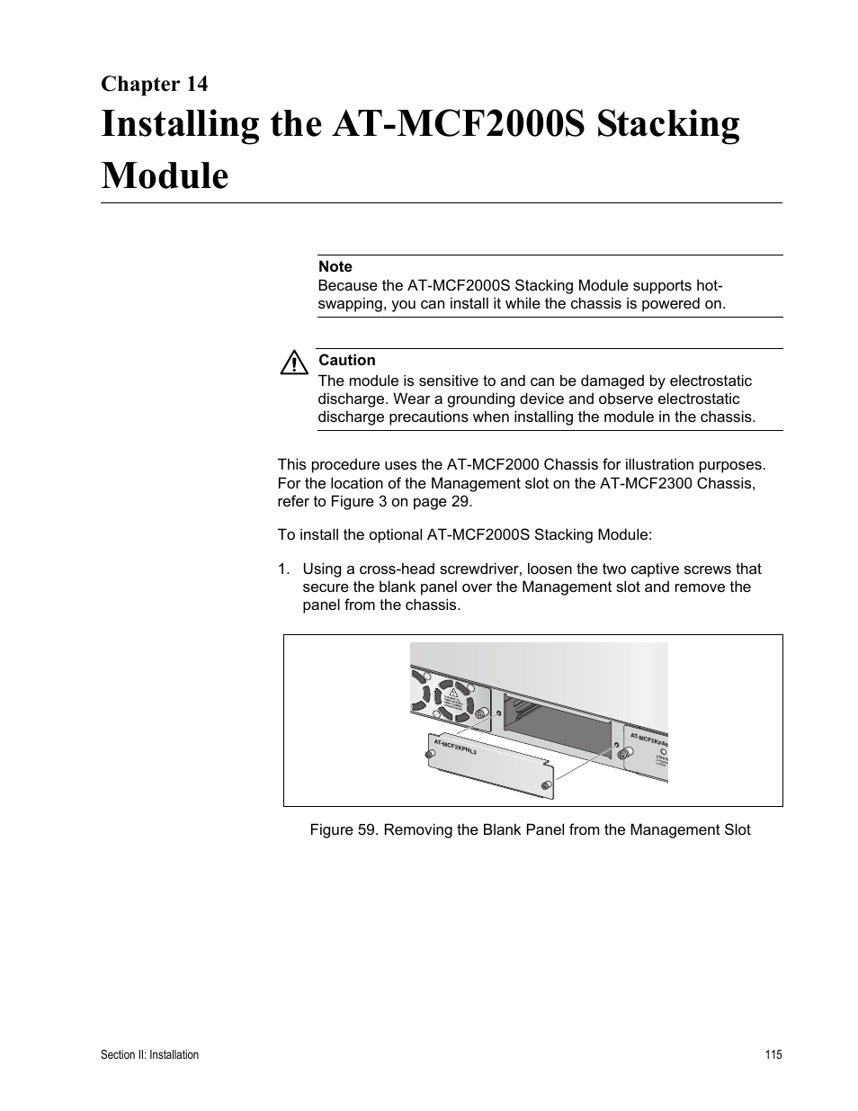 Chapter 14, Installing the at-mcf2000s stacking module | Allied Telesis AT-MCF2300 User Manual | Page 115 / 190