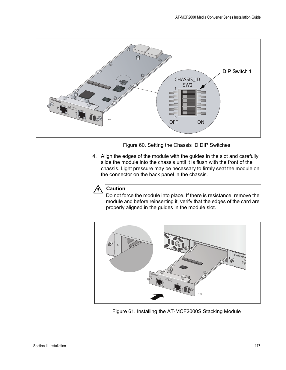 Off on, Chassis_id sw2 dip switch 1 dip switch 1 | Allied Telesis AT-MCF2300 User Manual | Page 117 / 190