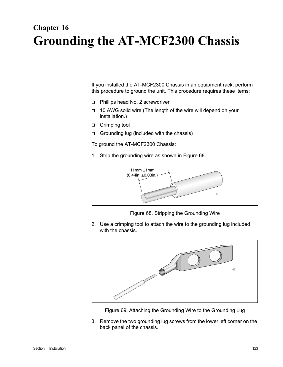Chapter 16, Grounding the at-mcf2300 chassis | Allied Telesis AT-MCF2300 User Manual | Page 123 / 190